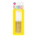 Package of 12 white birthday candles with gold-dipped bases displayed on a bright yellow backing card with colorful "Unique Candles" branding at the top.