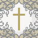 Gold and gray ornamental cross design on white lunch napkins with decorative scrollwork borders, 16 count package.