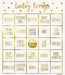 Gold foil baby shower bingo card featuring a 5x5 grid with baby-themed items like pacifier, bottles, diapers, and stroller in tan and gold text on white background.