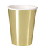 Gold foil paper cup with white rim, 12 ounces capacity, shown as single cup from front view.