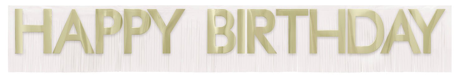 Gold "Happy Birthday" fringe banner with large metallic gold letters on a white background with vertical ribbed texture.