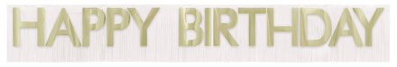 Gold "Happy Birthday" fringe banner with large metallic gold letters on a white background with vertical ribbed texture.