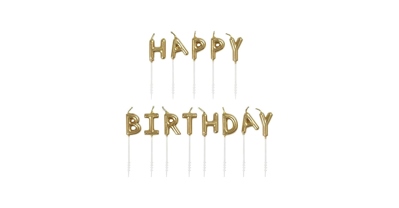 Gold letter candles spelling "Happy Birthday" with white plastic picks arranged in two rows on a white background.