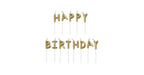 Gold letter candles spelling "Happy Birthday" with white plastic picks arranged in two rows on a white background.