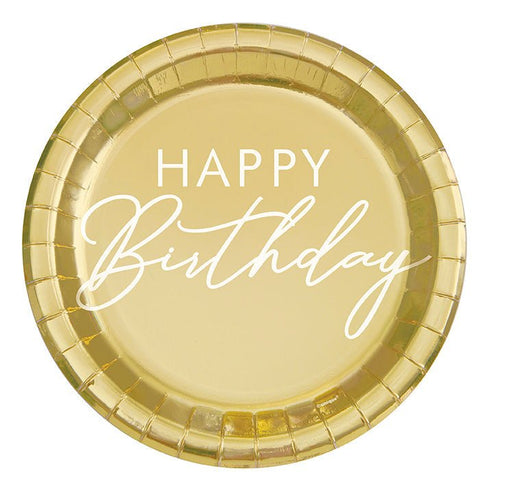 Gold Happy Birthday Round Plate 9in | 8ct