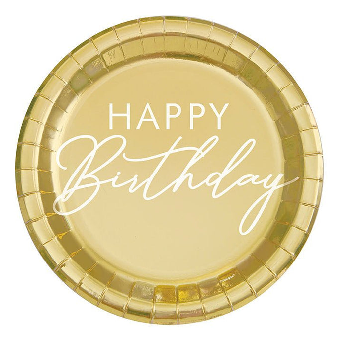 Gold foil round plate with "Happy Birthday" text in white script lettering and decorative gold textured border.