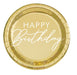 Gold foil round plate with "Happy Birthday" text in white script lettering and decorative gold textured border.