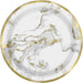 White disposable plate with gold metallic marble swirl design and matching gold rim, shown from above.