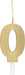 Gold numeral 0 shaped birthday candle with a white base and attached string, featuring a sparkly textured finish.