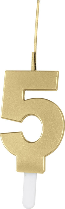 Gold number 5 shaped birthday candle with a white wax base and thin metal pick for cake insertion.