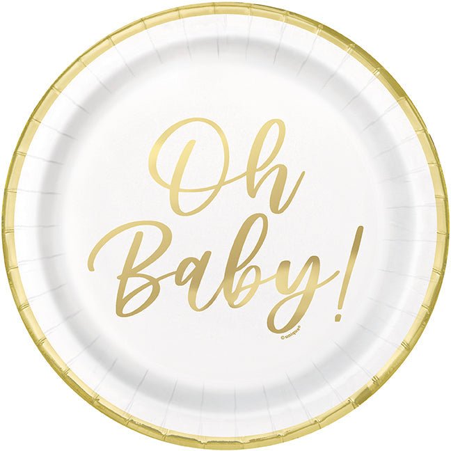 White paper plate with gold foil trim and "Oh Baby!" written in gold cursive script in the center.
