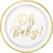 White paper plate with gold foil trim and "Oh Baby!" written in gold cursive script in the center.