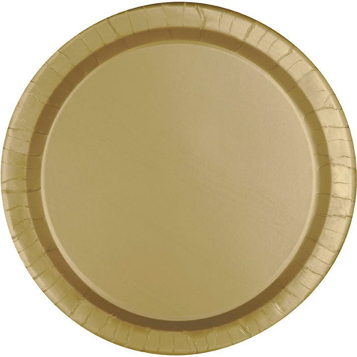 Gold paper plate with a textured rim and smooth center surface, shown from above against a white background.