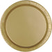 Gold paper plate with a textured rim and smooth center surface, shown from above against a white background.