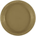Gold plastic dinner plate with ridged rim design, shown from above on white background.