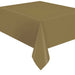 Gold rectangular tablecloth with flannel backing, shown draped over a table surface in a 54 by 108 inch size.
