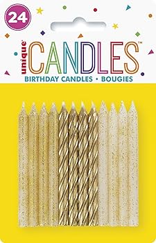 Pack of 24 assorted birthday candles in gold and white colors, featuring straight tapered candles and spiraled designs arranged on a yellow backing card.