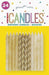 Pack of 24 assorted birthday candles in gold and white colors, featuring straight tapered candles and spiraled designs arranged on a yellow backing card.