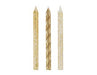 Three tall gold taper candles with textured and spiral finishes arranged side by side.