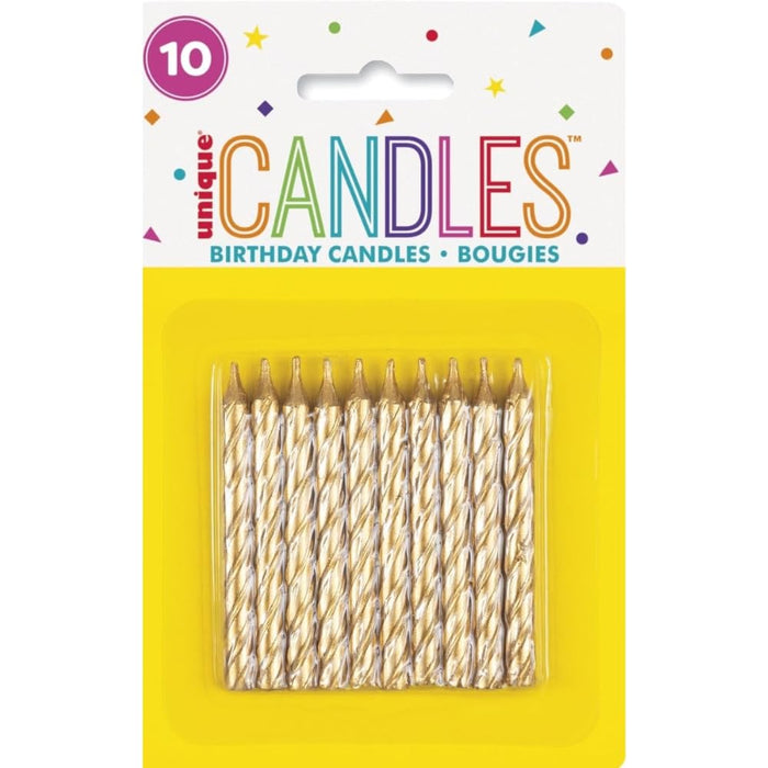 Package of 10 gold spiral twist birthday candles with white striping displayed on a bright yellow background with colorful confetti decorative elements.