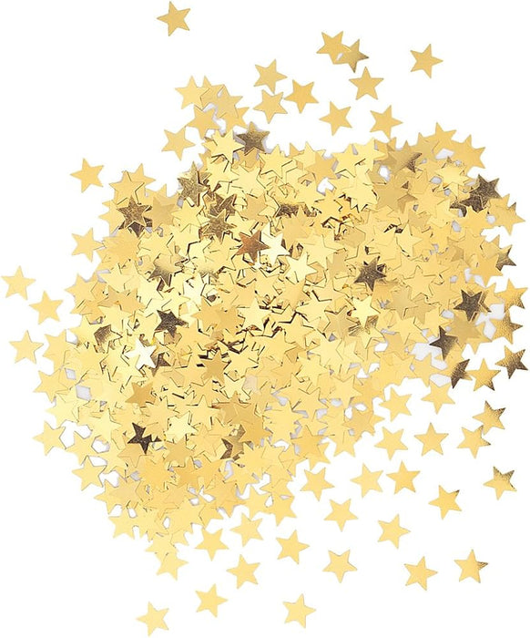 Scattered gold star-shaped confetti pieces in varying sizes and finishes, including matte and metallic dark accents, arranged on a white background.