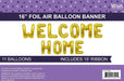 Gold foil letter balloons spelling "Welcome Home" arranged in two rows with purple packaging background and product information.