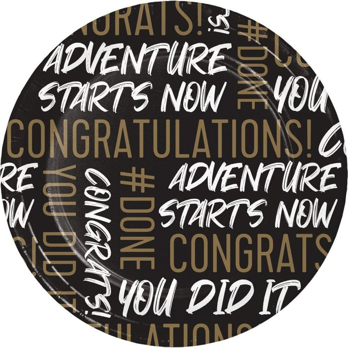 Circular plates with motivational phrases like 'Adventure Starts Now' on a black background