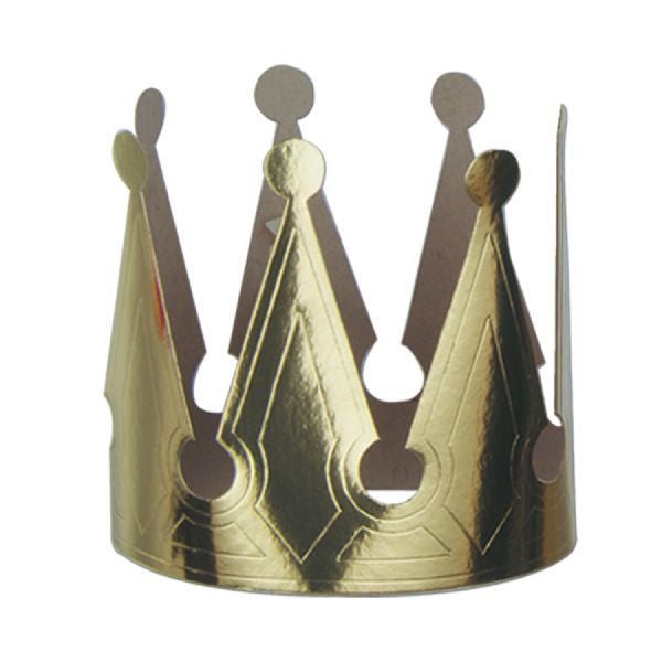 Gold foil crown with five points topped with spheres, featuring teardrop-shaped cutouts and metallic shading details.