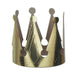 Gold foil crown with five points topped with spheres, featuring teardrop-shaped cutouts and metallic shading details.
