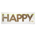 Gold glitter letters spelling "HAPPY" strung on a neon yellow cord against a white background, with a circular Happy Birthday sticker on the right side.