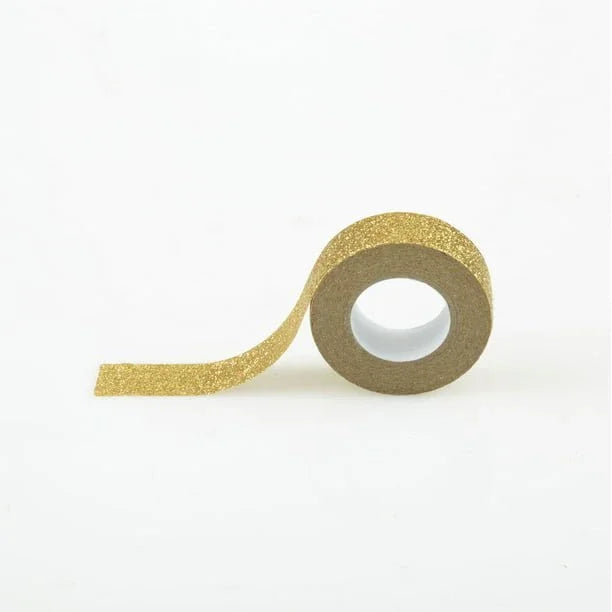 Gold glitter washi tape roll with a strip unfurled to the left, showing the shimmering gold texture on white background.