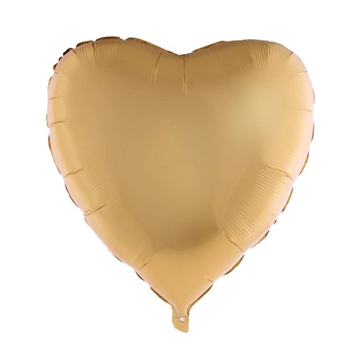 Gold satin heart-shaped foil balloon with a smooth finish and small valve at the bottom, displayed against a white background.