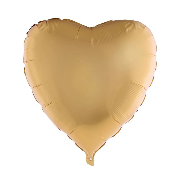 Gold satin heart-shaped foil balloon with a smooth finish and small valve at the bottom, displayed against a white background.