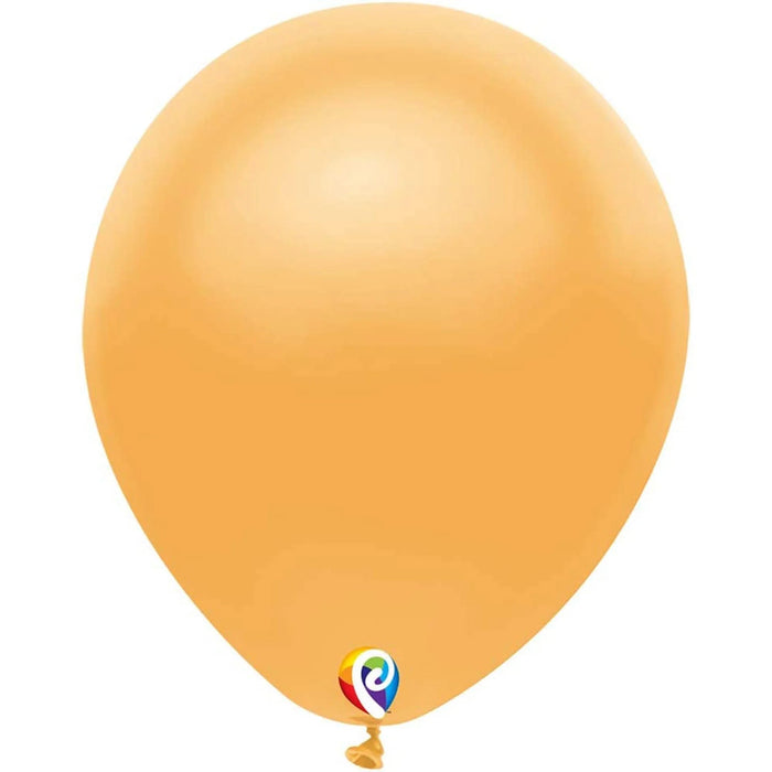 Single gold latex balloon with a colorful logo at the base, shown inflated against a white background.