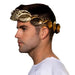 Man wearing a gold leaf-textured crown headpiece with matching ear cuffs against a white background.