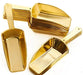 Set of twelve gold-colored metal scoops with handles in various sizes, arranged in a scattered display against a white background.
