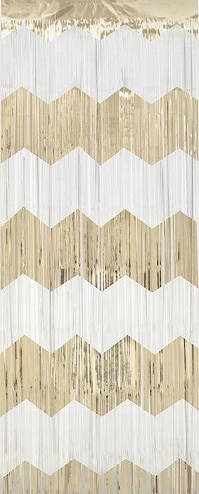 Gold and white chevron striped fringe curtain with scalloped edges and hanging metallic strands.