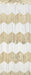Gold and white chevron striped fringe curtain with scalloped edges and hanging metallic strands.