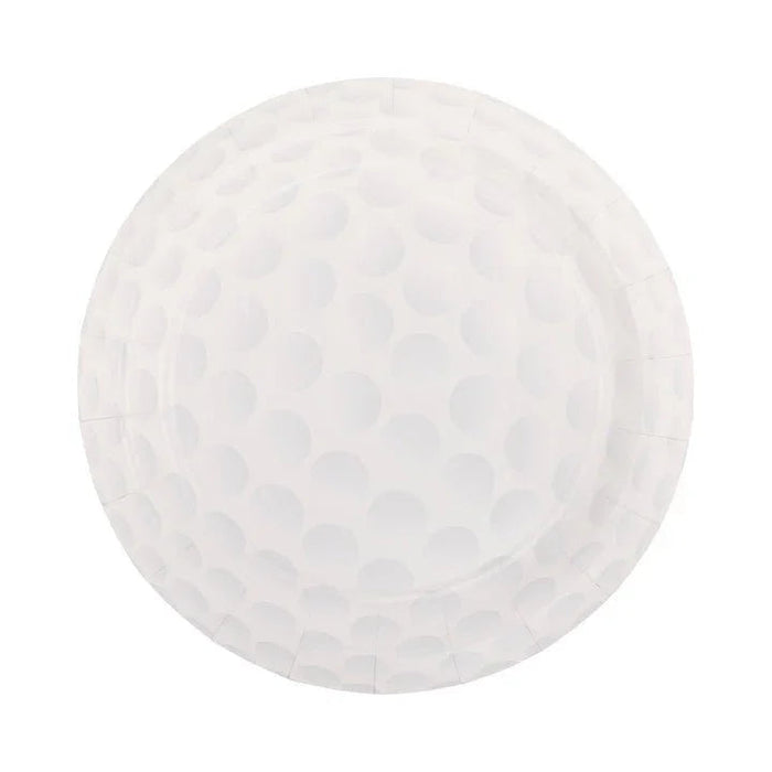White paper plate with embossed golf ball dimple pattern throughout, 9 inches in diameter.