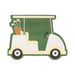 Illustration of a green and cream golf cart with a golf bag containing clubs in the back, shown from the side view.