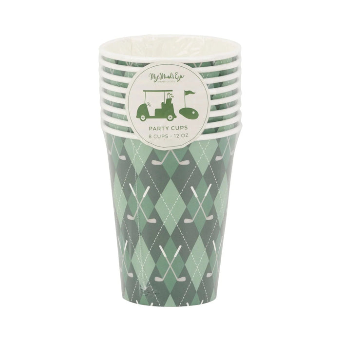 Stack of eight 12-ounce paper party cups featuring green argyle pattern with white golf club and ball designs and green striped rim.