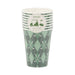 Stack of eight 12-ounce paper party cups featuring green argyle pattern with white golf club and ball designs and green striped rim.