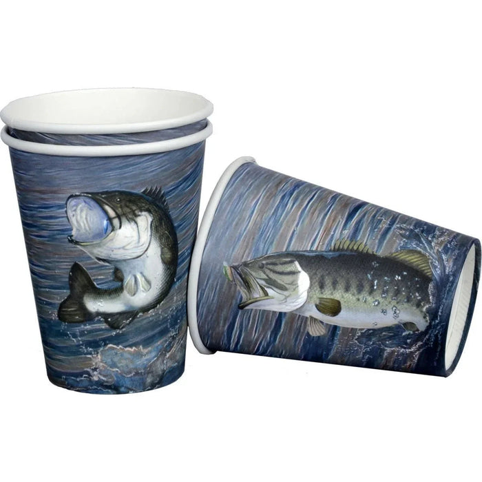 Two 12-ounce paper cups with blue water backgrounds and detailed illustrations of jumping bass fish in contrasting colors.