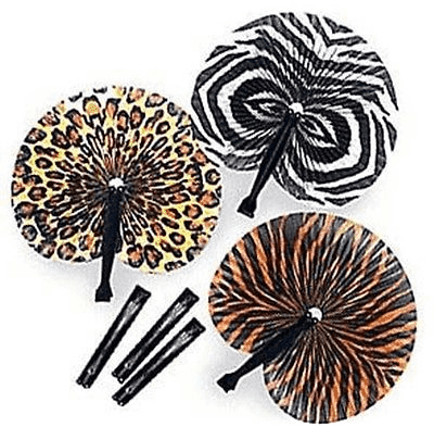 Three paper fans with animal print designs including leopard spots, zebra stripes, and tiger stripes in black, tan, and orange, displayed with black accordion-style handles.