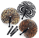 Three paper fans with animal print designs including leopard spots, zebra stripes, and tiger stripes in black, tan, and orange, displayed with black accordion-style handles.