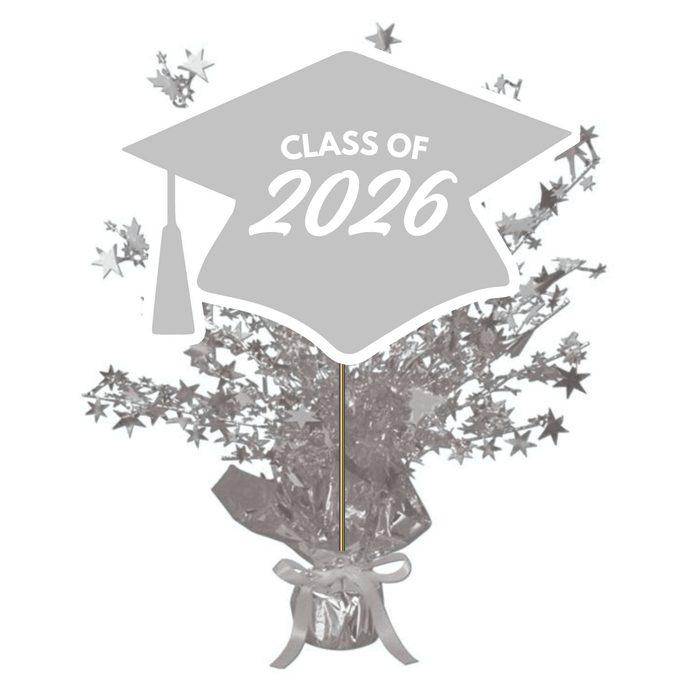 Gray graduation cap centerpiece spray decorated with metallic stars and a gold tassel, topped with a silver ribbon bow, featuring "CLASS OF 2026" text on the mortarboard.