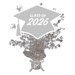 Gray graduation cap centerpiece spray decorated with metallic stars and a gold tassel, topped with a silver ribbon bow, featuring "CLASS OF 2026" text on the mortarboard.