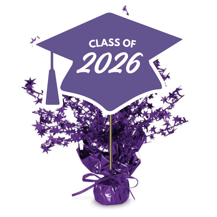 Purple graduation cap centerpiece with bursting star confetti design and tassel, labeled Class of 2026.