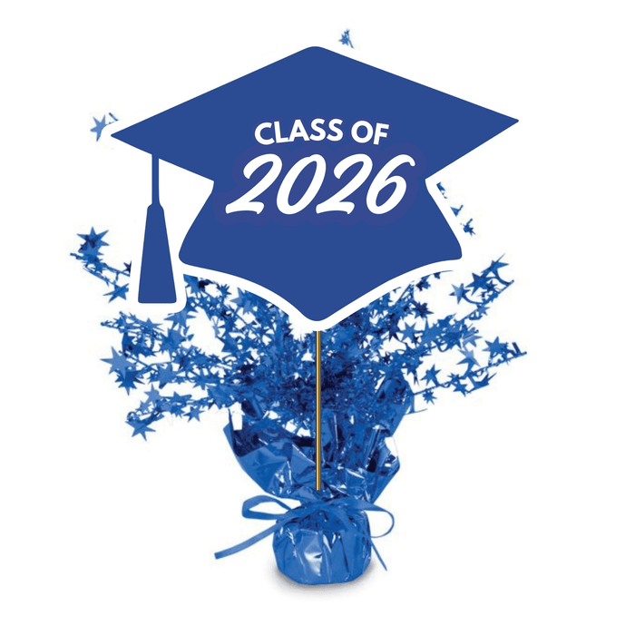 Blue graduation cap centerpiece spray with star bursts and a tassel, labeled "Class of 2026" on the mortarboard top.