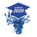 Blue graduation cap centerpiece spray with star bursts and a tassel, labeled "Class of 2026" on the mortarboard top.